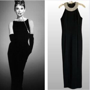 VTG Alex Evenings Black Halter Formal Gown Sz 8 Sheath Maxi Dress Pearl Collar